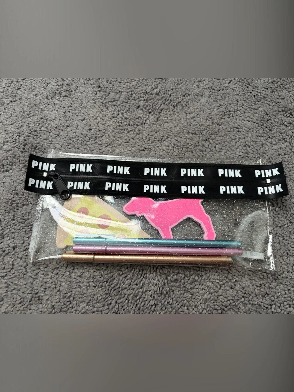 PINK Victoria's Secret Clear Glitter Pouch with Pink Dog Charm and Metallic Pens